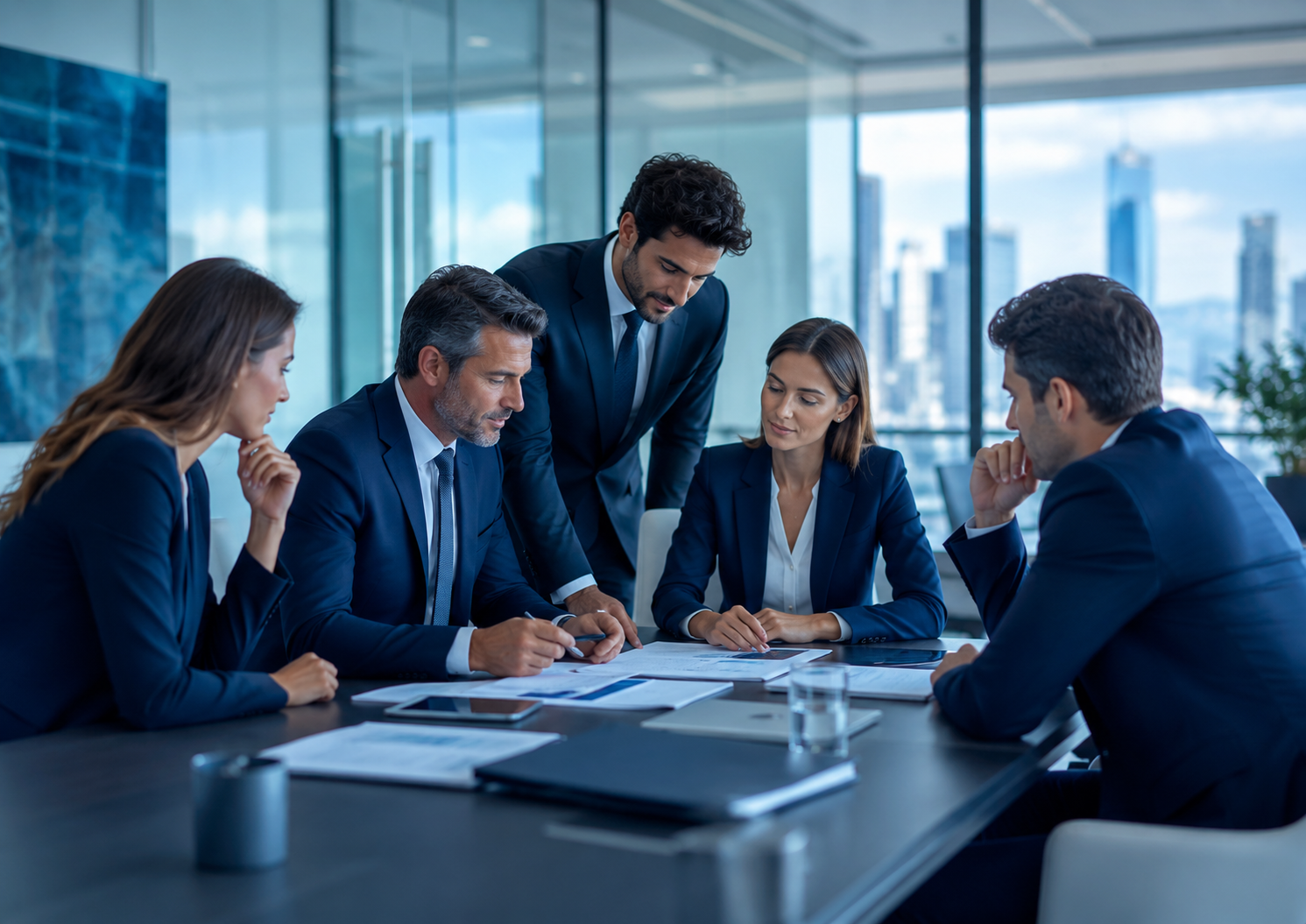 Equipo profesional brindando asesoría legal y contable para empresas en una sala corporativa moderna