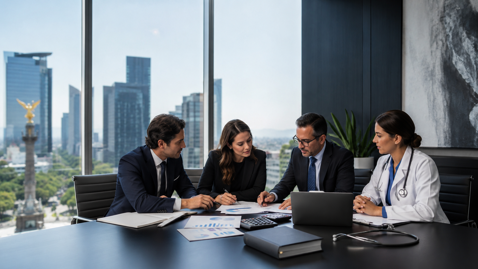 Despacho legal y contable con equipo profesional asesorando a empresas y consultorios médicos